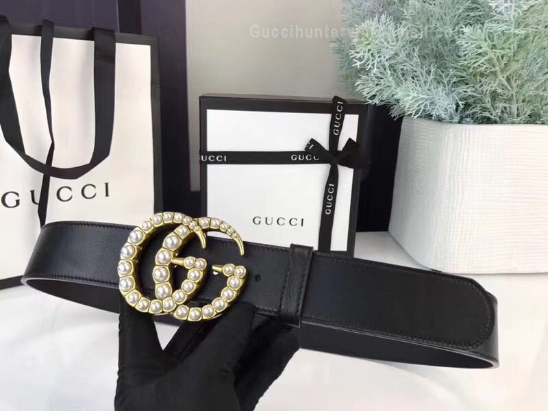 Gucci Leather Belt With Pearl Double G Buckle Black 38mm